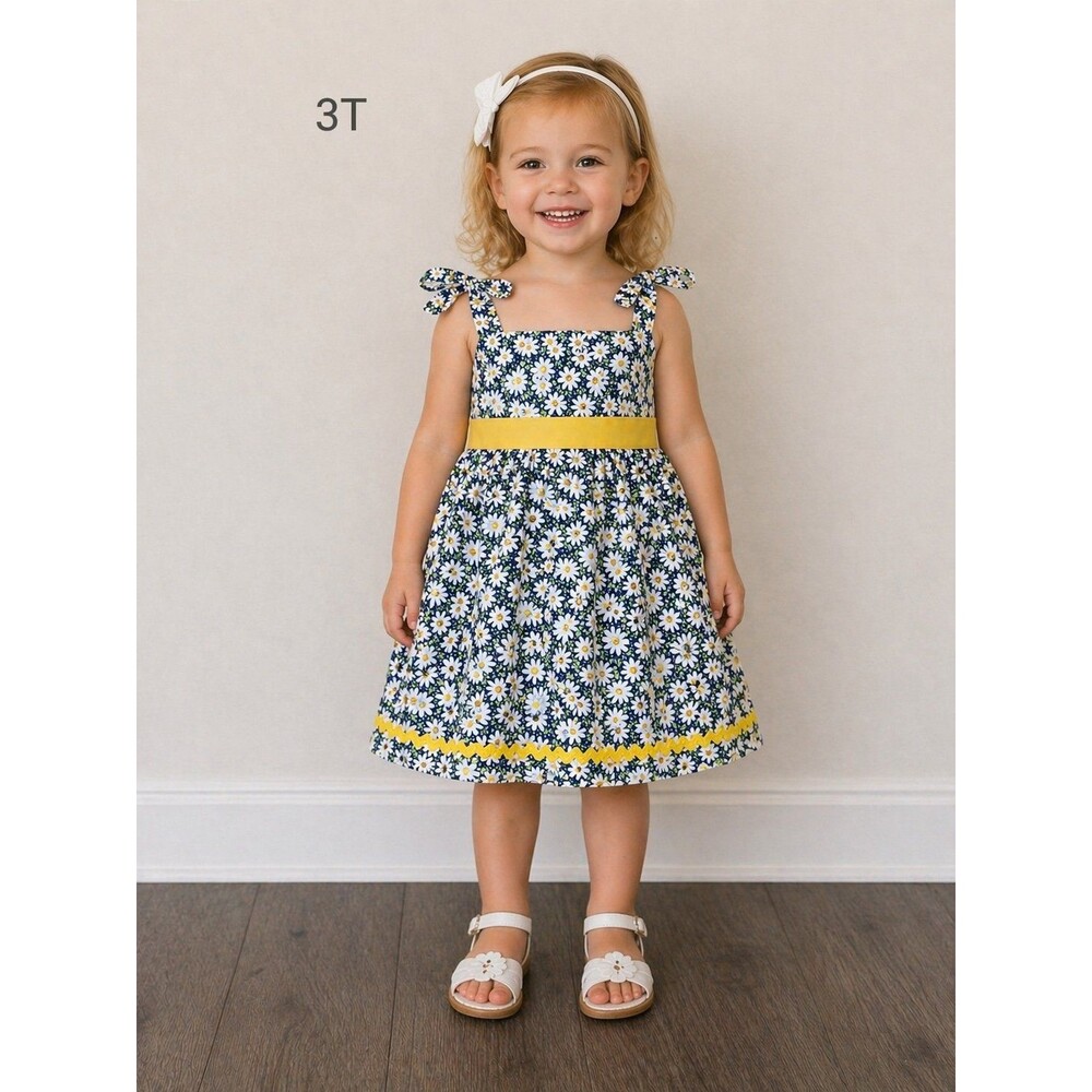 Handmade Toddler Girls Daisy Sundress 2T 3T Blue Floral Tie Shoulder EUC